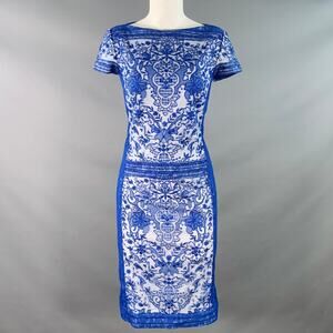 TADASHI SHOJI Size 6 Blue White Rayon Blend Lace Short Sleeve Cocktail Dress